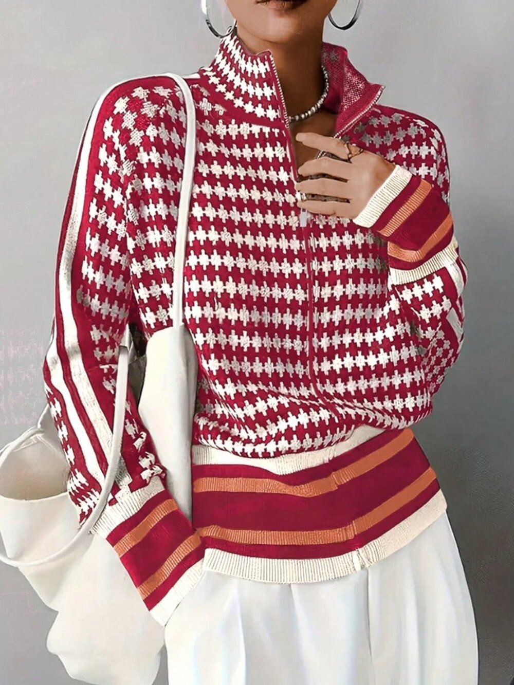 Red Casual Women's Raglan Sleeve Zip Front Knit Stand Collar Cardigan